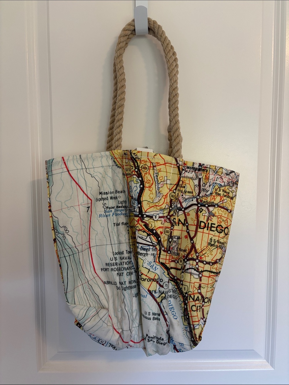 Map Print Canvas Tote Bag with Rope Handles - Yellow/White